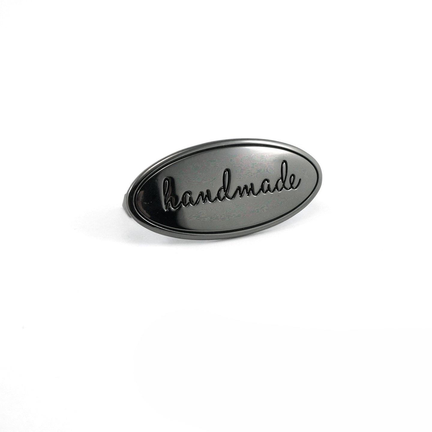 Metal Bag Label - Oval - Handmade in Gunmetal
